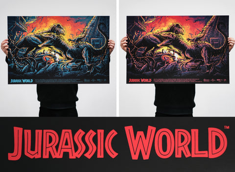 Jurassic World screen printed posters by Dan Mumford, Printed by White Duck Editions for Zavvi Gallery.